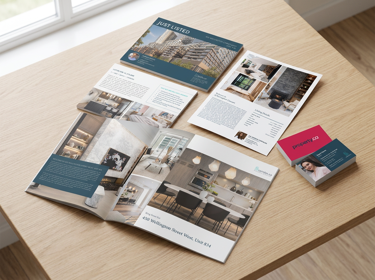Real estate marketing materials including brochures, feature sheets and business cards